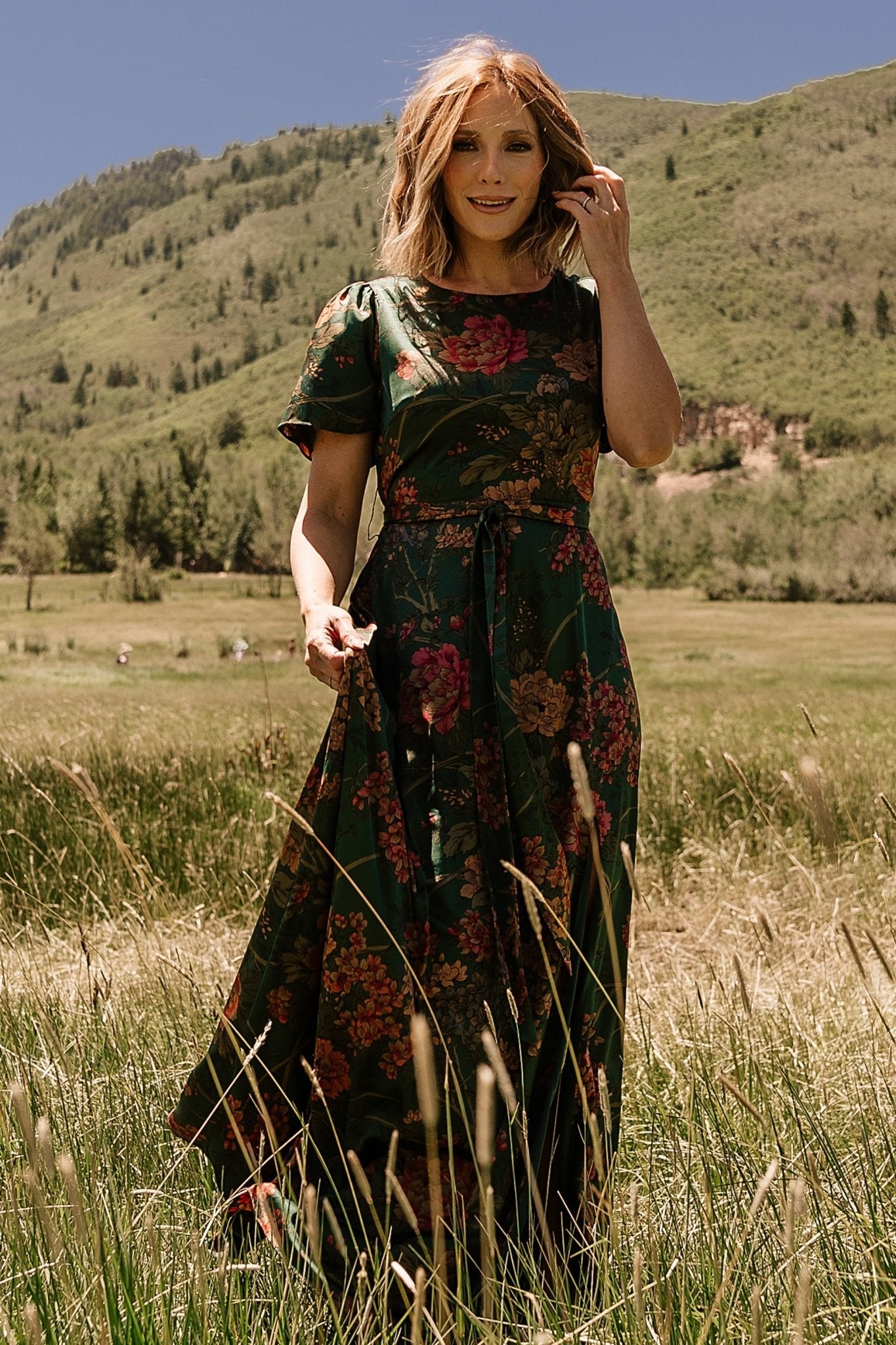 Agnes Satin Maxi Dress | Dark Green Floral