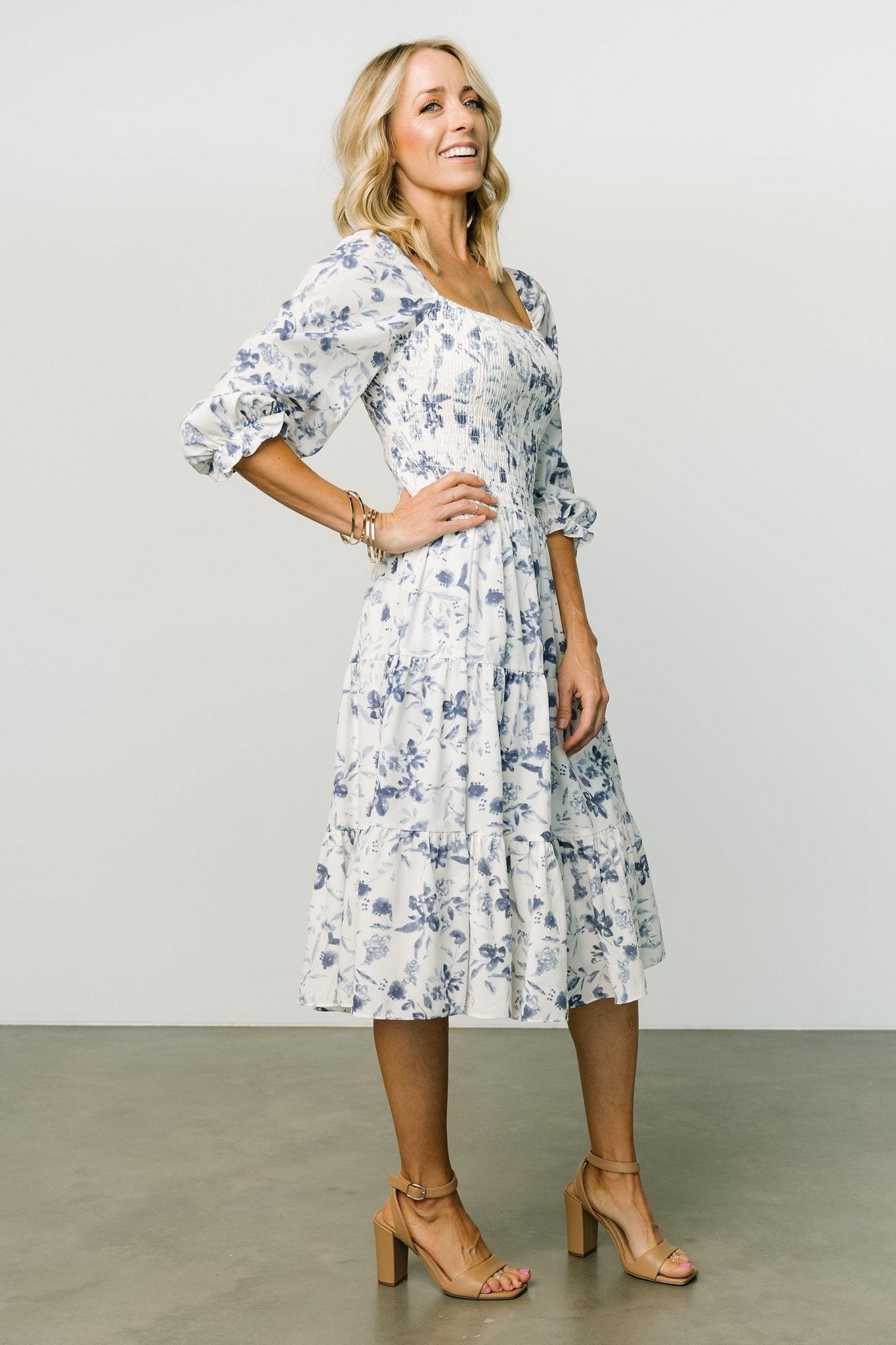 Marta Smocked Midi Dress | White + Blue