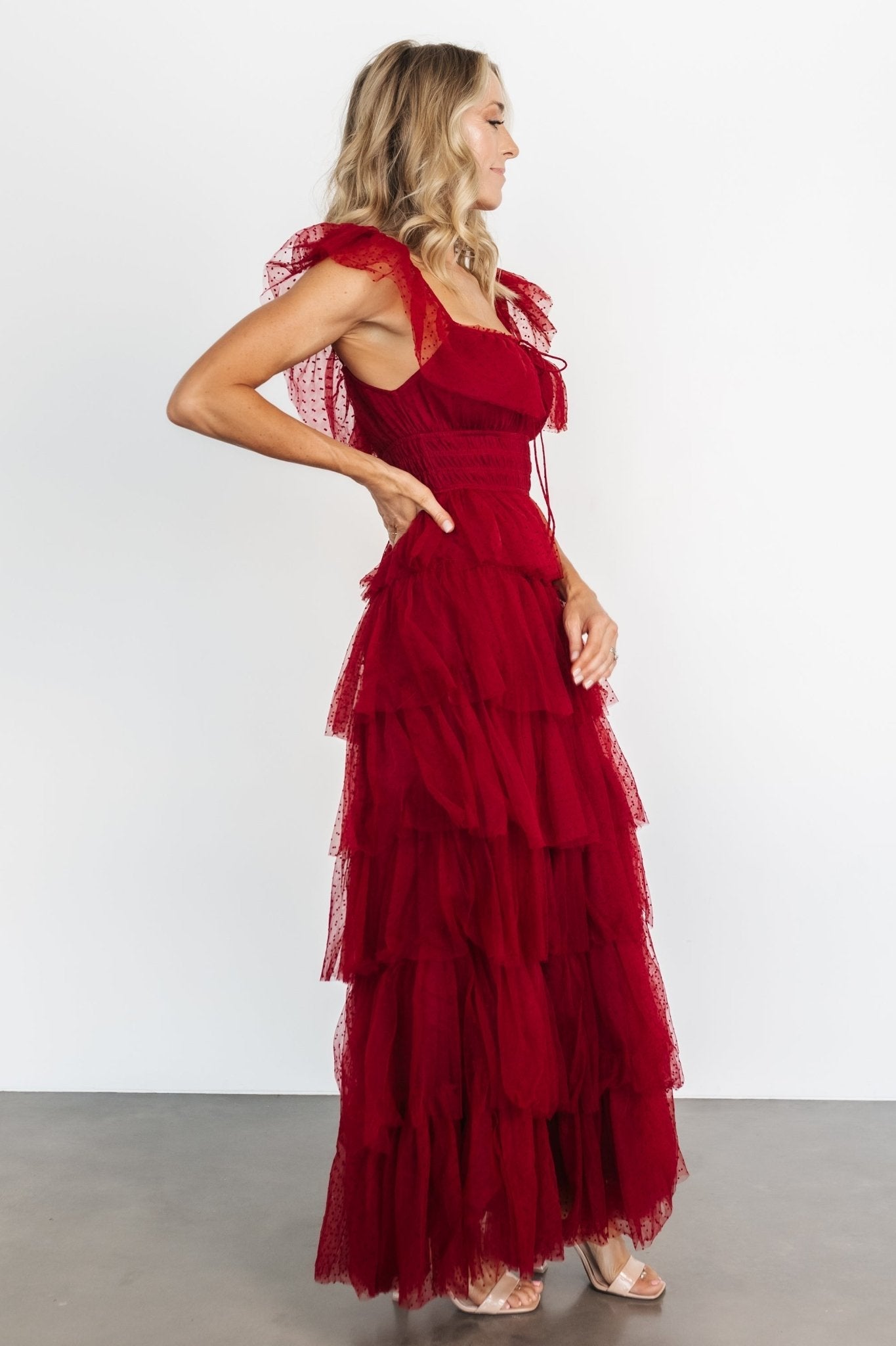 Valora Swiss Dot Tulle Maxi Dress | Wine